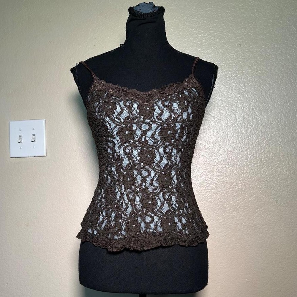 Boston Proper Brown Lace Cami Tank Top Y2K Sheer Floral Blue Lining Small